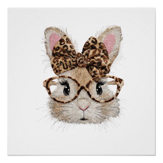 Poster Cute Bunny Rabbit Face Leopard Coquette Bow Glasse (Devant)