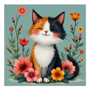 Poster Cute Calico Chat avec Cottagecore Floral Esthétiqu