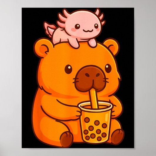 Poster Cute Capybara Drinking Bubble Tea And Axolotl Kawa (Devant)