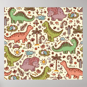 Poster Cute Cartoon Dinosaur Motif Vintage