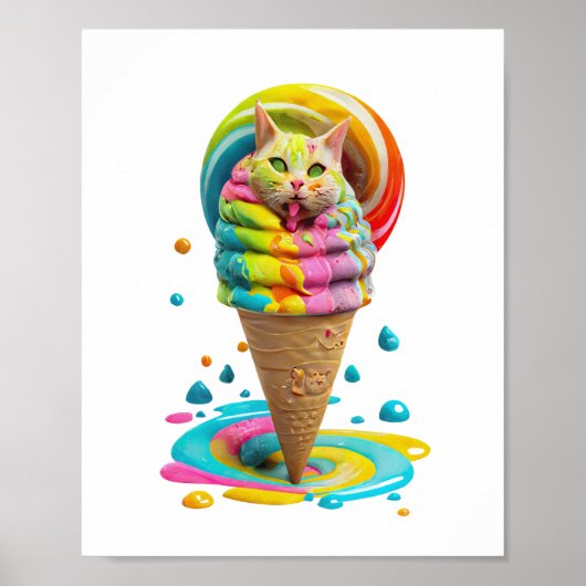 Poster Cute Cat Ice Cream Cone coloré (Devant)