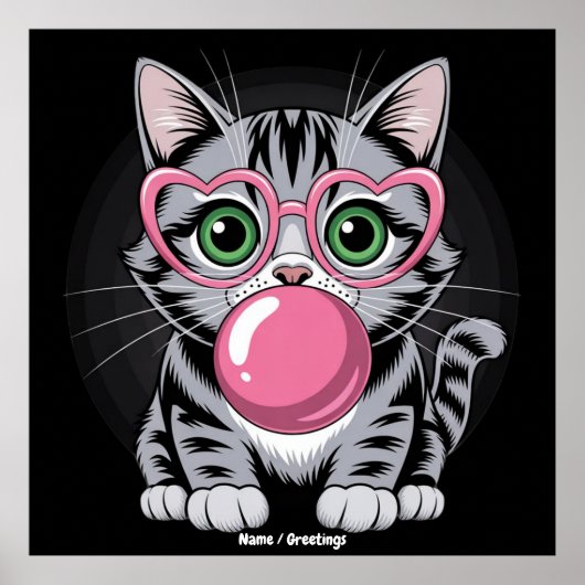 Poster Cute Cat Kitty Eating Gum and Making Bubble Funny (Devant)