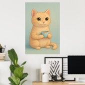 Poster Cute Cat with Coffee Cup – Adorable Pastel Animal (Bureau à domicile)