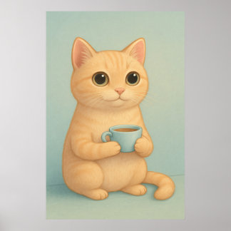 Poster Cute Cat with Coffee Cup – Adorable Pastel Animal