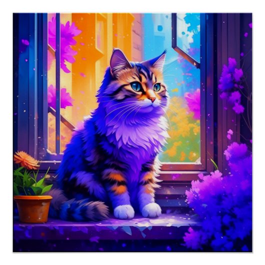 Poster Cute chat assis dans la fenêtre Ai Art (Devant)