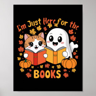 Poster Cute Chat Et Fantôme Lecture Halloween Livres Scèn