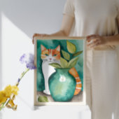 Poster Cute chat et Turquoise Vase vert Aquarelle botaniq