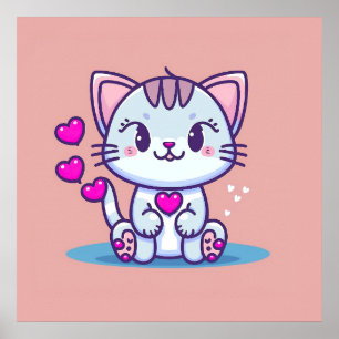 Poster Cute Chat Kitten avec Coeurs Valentine Inspiré  