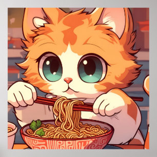 Poster Cute Chat Mange Ramen nouilles
