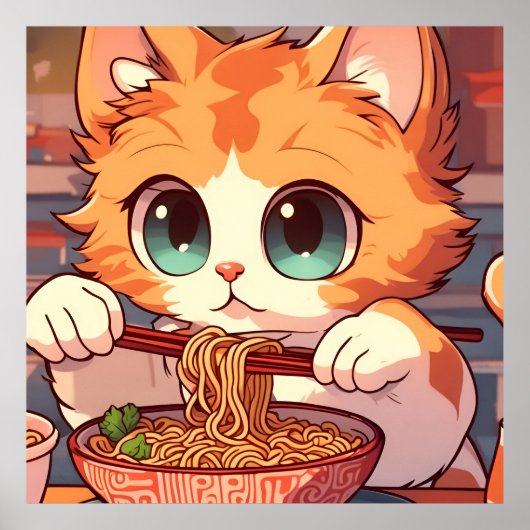 Poster Cute Chat Mange Ramen nouilles (Devant)