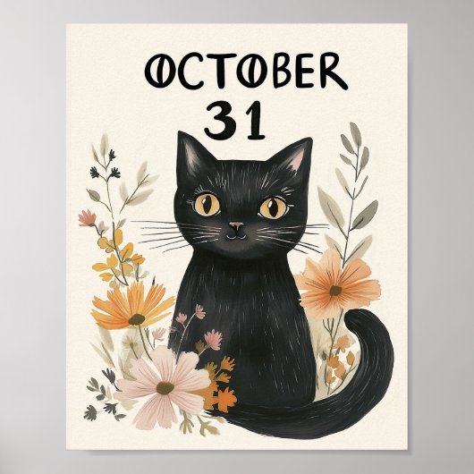 Poster Cute Chat Noir Halloween Aquarelle Florale (Devant)