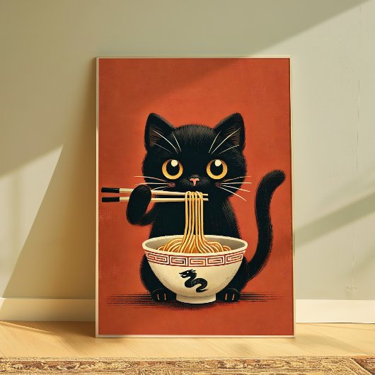 Poster Cute Chat Noir Manger Ramen Kawaii Mur de nouilles