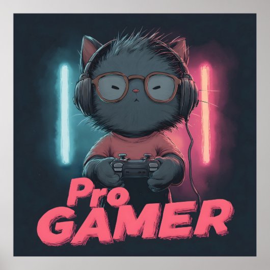 Poster Cute chat "Pro Gamer" avec casque (Devant)