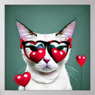Poster Cute Chat Valentine's Day Coeurs Lunettes Digital