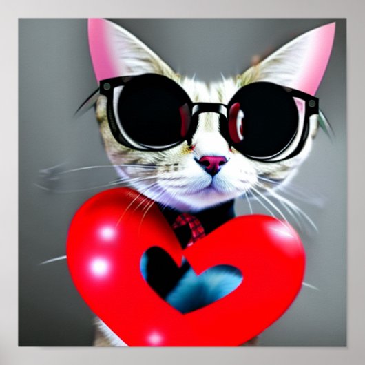 Poster Cute Chat Valentine's Day Heart Blac Glasses Art (Devant)