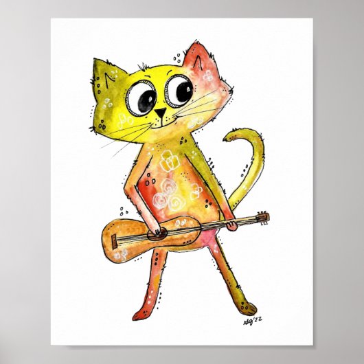 Poster Cute Chat Whimsical Jouer Guitare (Devant)