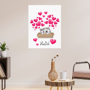Poster Cute chaton dans une boîte et les coeurs roses