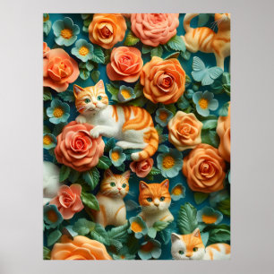 Poster Cute Chats et Fleurs Design