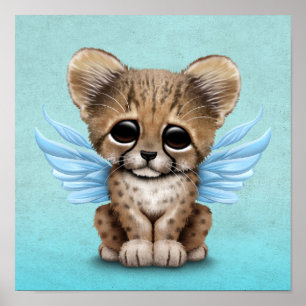Poster Cute Cheetah Cub avec des ailes de fée sur bleu