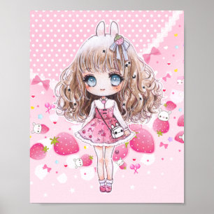 Poster Cute chibi fille avec des fraises kawaii