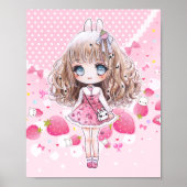 Poster Cute chibi fille avec des fraises kawaii (Devant)