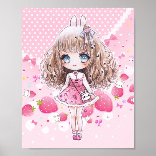 Poster Cute chibi fille avec des fraises kawaii (Devant)