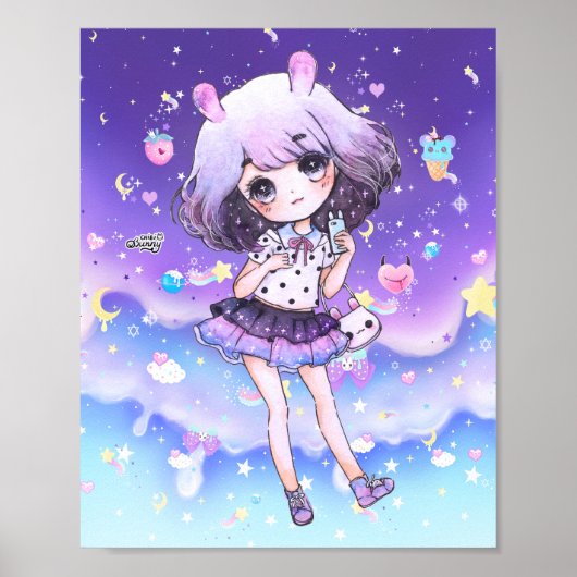 Poster Cute chibi fille dans kawaii pastel galaxy (Devant)