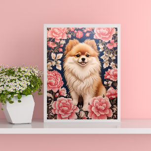 Poster Cute Chien Poméranien Rose Floral