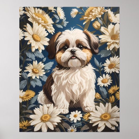 Poster Cute Chih Tzu Chien Blanc Fleurs De Faisée (Devant)