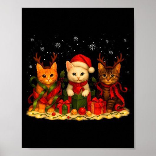 Poster Cute Christmas Cat Xmas Lights Santa Reindeer Cat (Devant)