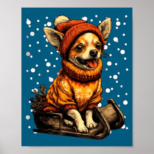 Poster Cute Christmas Chihuahua Sledding In Snow Funny Wi (Devant)