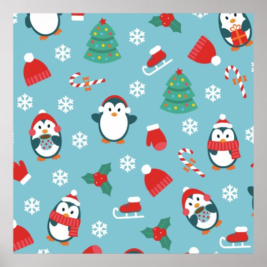 Poster Cute Christmas Penguins Pattern (Devant)