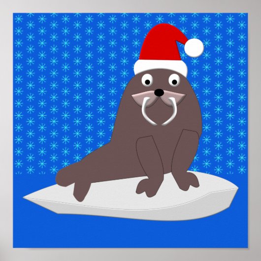 Poster Cute Christmas Walrus and Snowflakes (Devant)