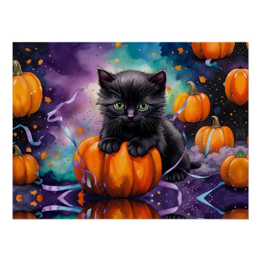 Poster Cute Citrouilles de Kitten noir et ruban (Devant)
