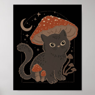 Poster Cute Cottagcore Chat Mushroom Casquette Vintage Gr