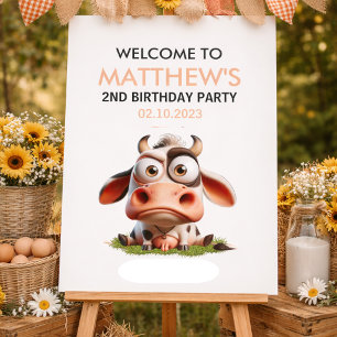 Poster Cute Cow Farm Animaux 2e fête d'anniversaire Bienv