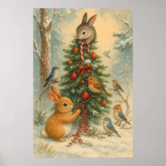 Poster Cute cozy woodland christmas bunny festive (Devant)