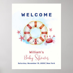 Poster Cute Crabe Nautique Baby shower Starfish Bienvenue