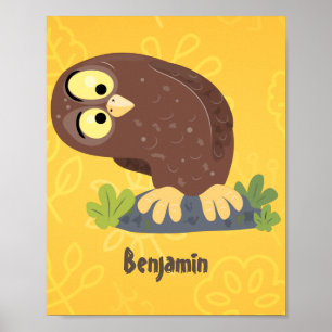 Poster Cute curious funny brown owl cartoon illustration