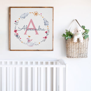 Poster Cute cygne rose & couronne solaire florale avec mo