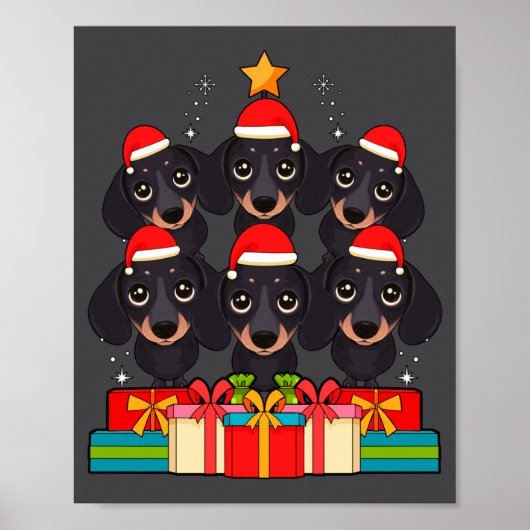 Poster Cute Dachshund Le Doxie Christmas Tree Xmas Hat Lo (Devant)