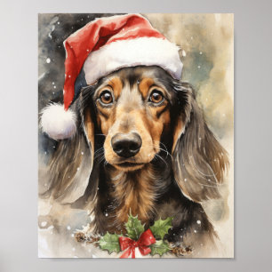 Poster Cute Dachshund Père Noël Puppy Watercolor Art