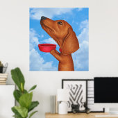 Poster Cute Dachshund tenant le bol rouge (Bureau à domicile)