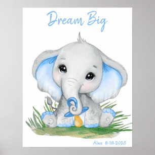 Poster Cute Dream Big Blue Elephant Personnalisé