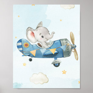 Poster Cute Elephant Avion Aventure Ciel Bleu