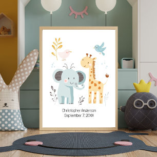 Poster Cute Elephant Giraffe Oiseaux Pépinière personnali