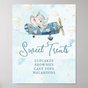 Poster Cute Elephant Plane Aventure Blue Sweet Traitement