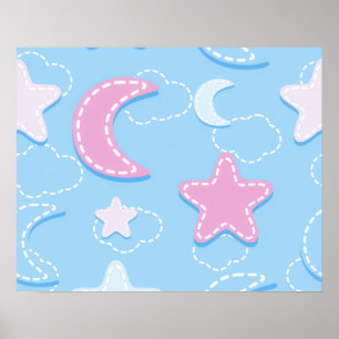Poster Cute et adorable Pastel Moon Stars Nuages 