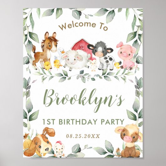 Poster Cute Farm Animaux Verdure Anniversaire Bienvenue (Devant)