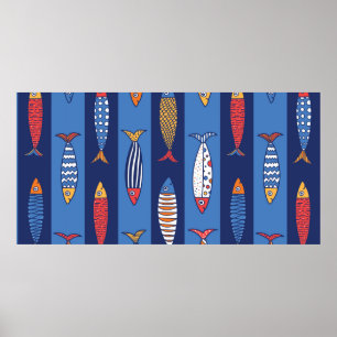 Poster Cute fish. Kids background. Seamless pattern